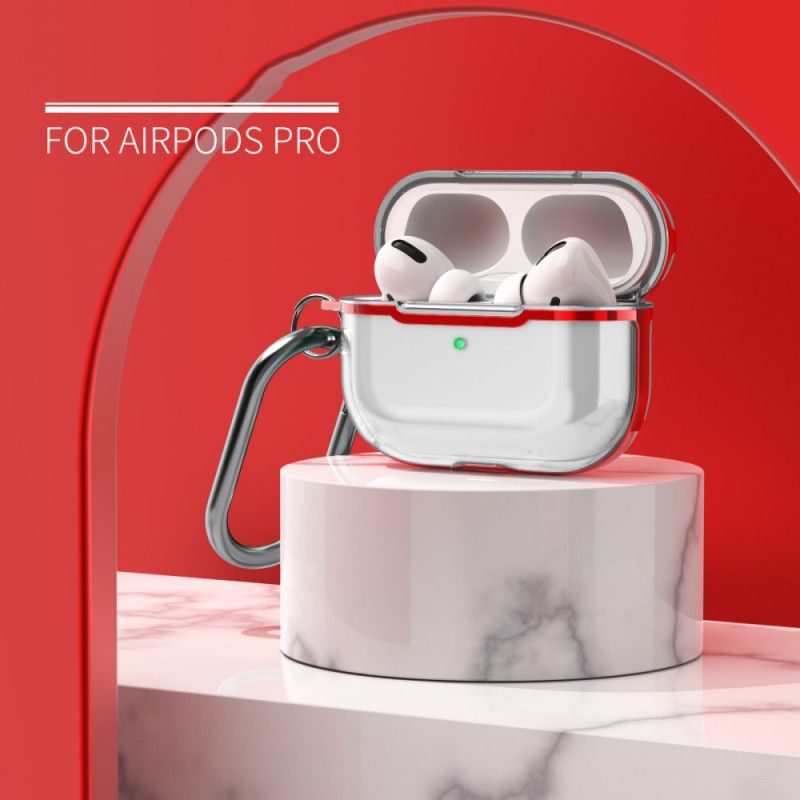 Cover Hoesje AirPods Pro Rood Grijs Telefoonhoesje Transparant Metallic Design Met Karabijnhaak