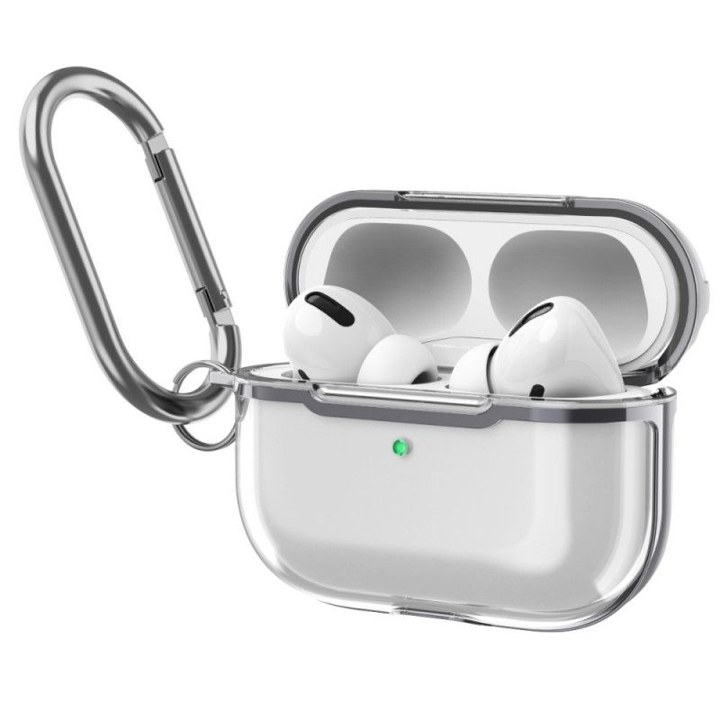 Cover Hoesje AirPods Pro Rood Grijs Telefoonhoesje Transparant Metallic Design Met Karabijnhaak