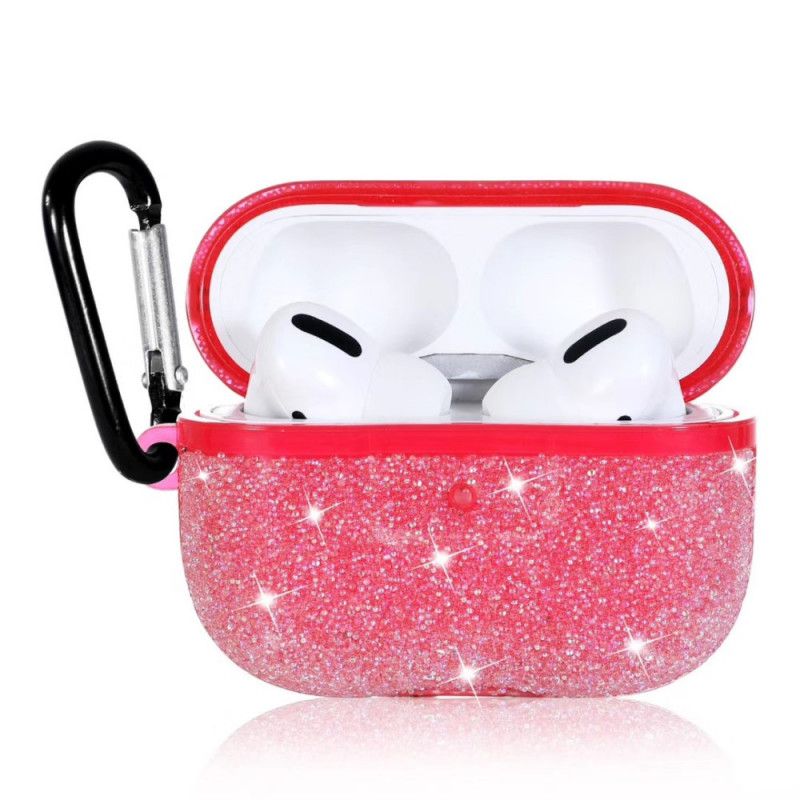 Hoesje voor AirPods Pro Rood Grijs Strass Diamanten Met Karabijnhaak