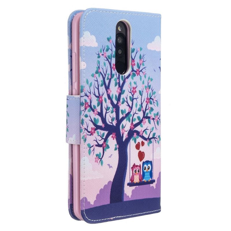 Flip Case Leren Xiaomi Redmi 8 Uilen Op De Schommel