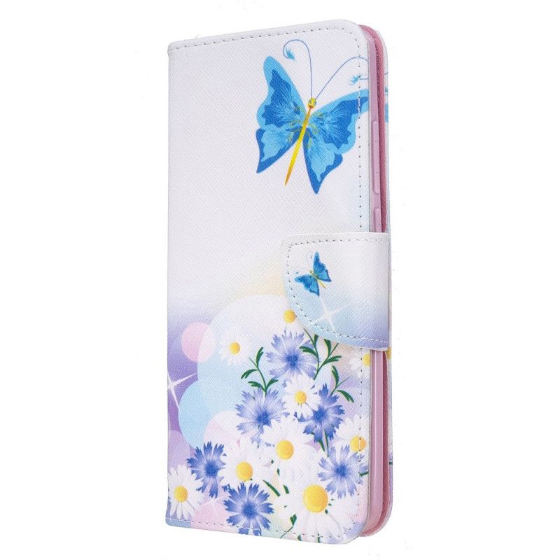 Leren Hoesje voor Xiaomi Redmi 8 Lichtblauw Magenta Geschilderde Vlinders En Bloemen