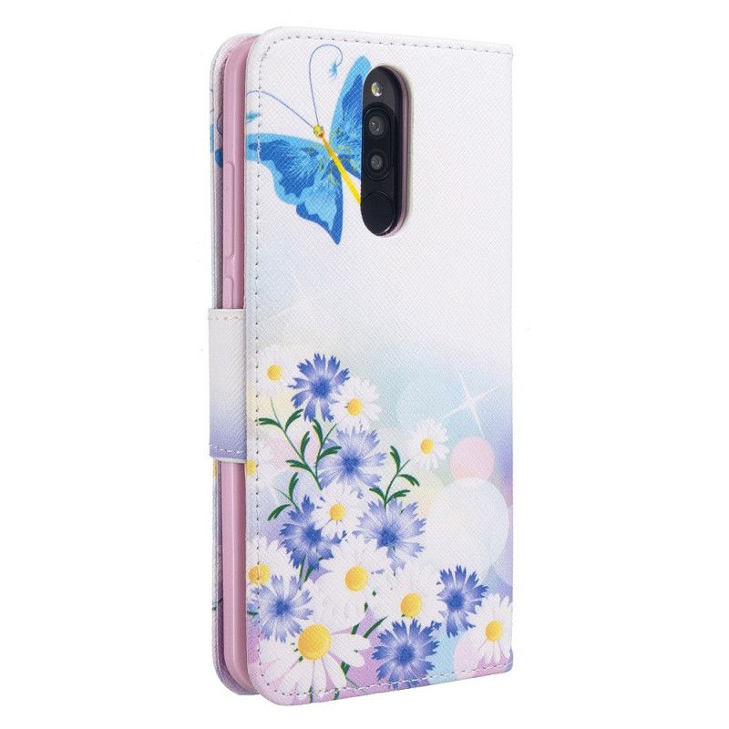 Leren Hoesje voor Xiaomi Redmi 8 Lichtblauw Magenta Geschilderde Vlinders En Bloemen