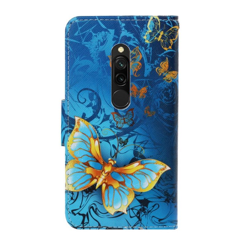 Leren Hoesje Xiaomi Redmi 8 Donkerblauw Zwart Vlindervariaties Met String