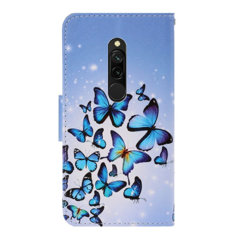 Leren Hoesje Xiaomi Redmi 8 Donkerblauw Zwart Vlindervariaties Met String