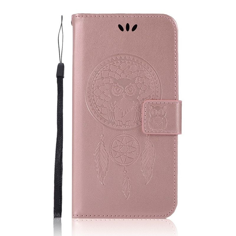 Leren Hoesje Xiaomi Redmi 8 Rose Goud Uil Dromenvanger Met Leereffect