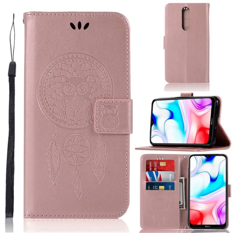 Leren Hoesje Xiaomi Redmi 8 Rose Goud Uil Dromenvanger Met Leereffect