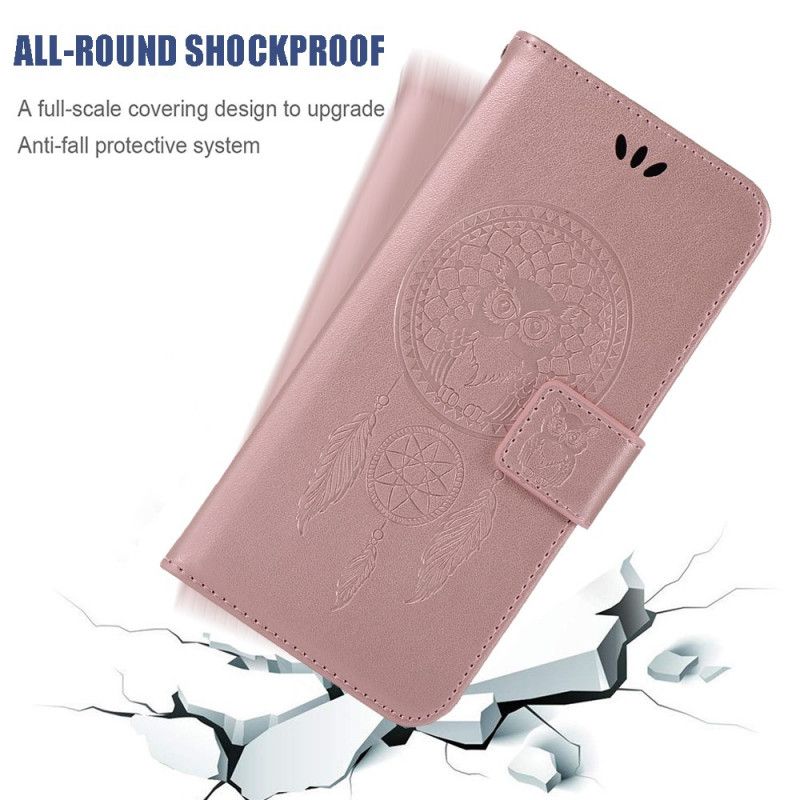 Leren Hoesje Xiaomi Redmi 8 Rose Goud Uil Dromenvanger Met Leereffect