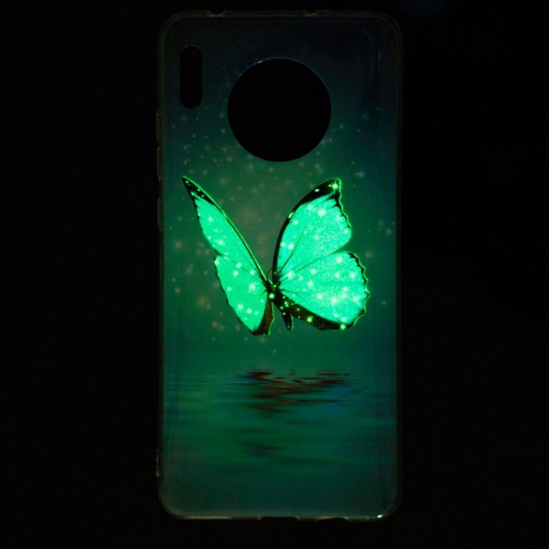 Cover Hoesje Huawei Mate 30 Telefoonhoesje Fluorescerende Blauwe Vlinder