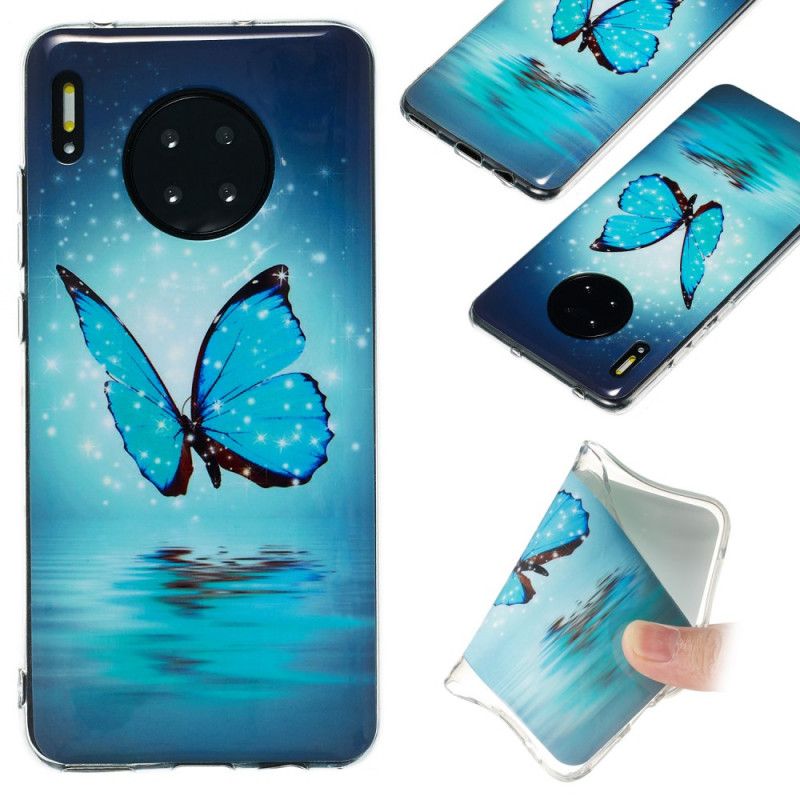 Cover Hoesje Huawei Mate 30 Telefoonhoesje Fluorescerende Blauwe Vlinder