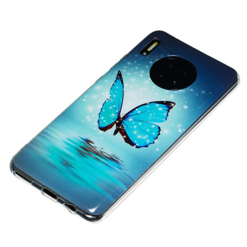 Cover Hoesje Huawei Mate 30 Telefoonhoesje Fluorescerende Blauwe Vlinder