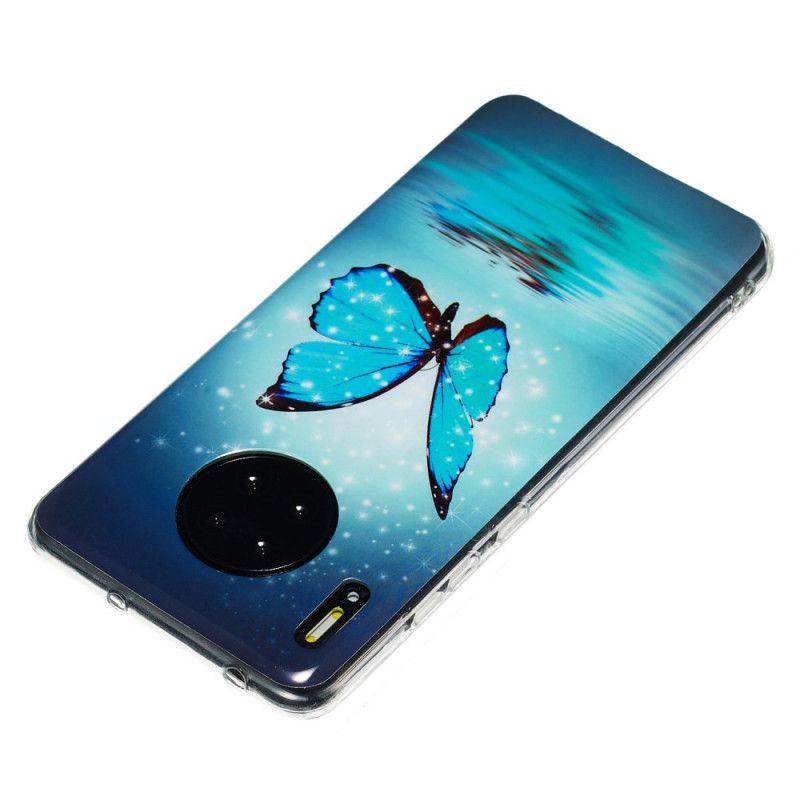 Cover Hoesje Huawei Mate 30 Telefoonhoesje Fluorescerende Blauwe Vlinder