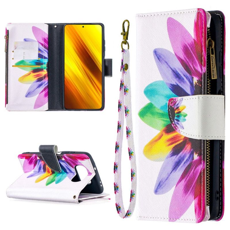 Leren Hoesje voor Xiaomi Poco X3 Wit Zwart Bloemenzak Met Ritssluiting