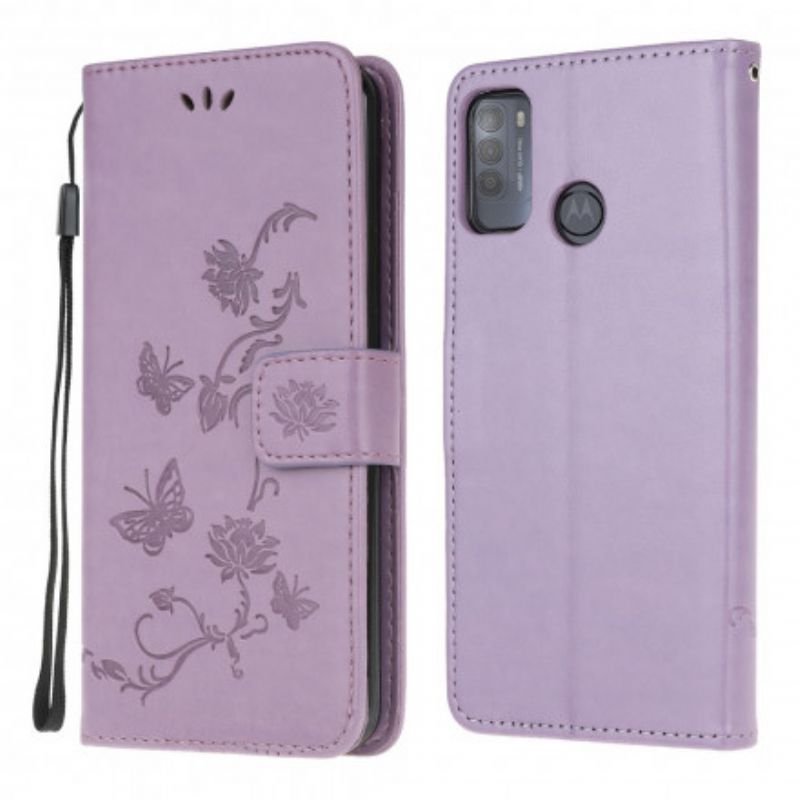 Leren Hoesje Moto G50 Vlinders En Bloemen Strappy Bescherming Hoesje