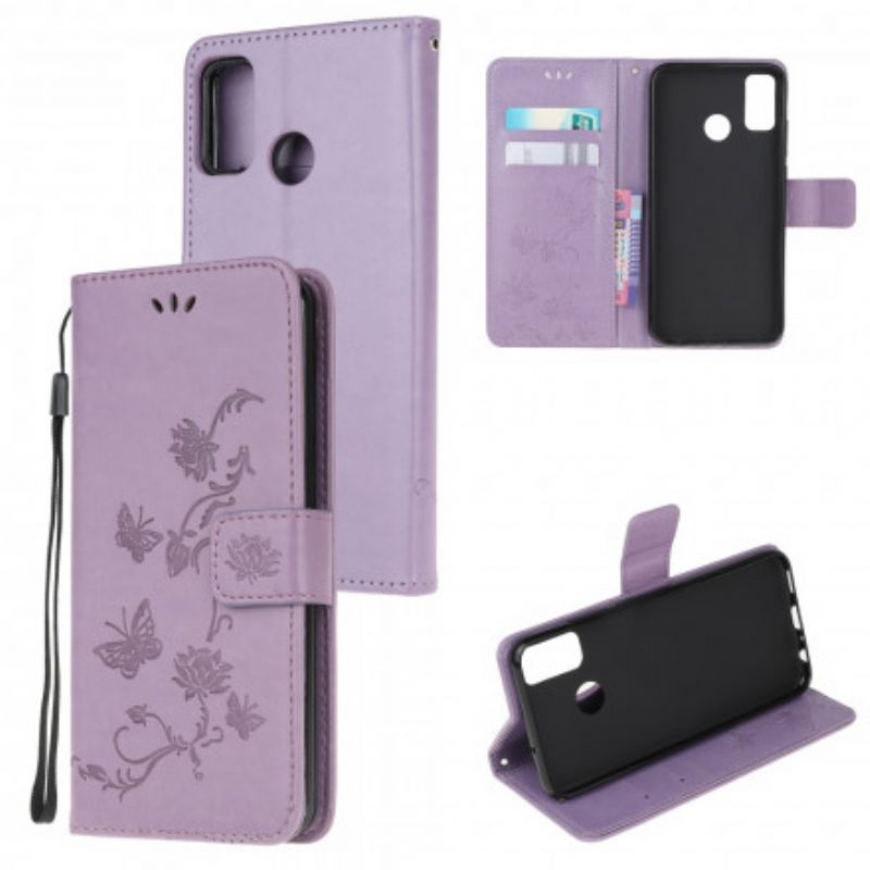 Leren Hoesje Moto G50 Vlinders En Bloemen Strappy Bescherming Hoesje