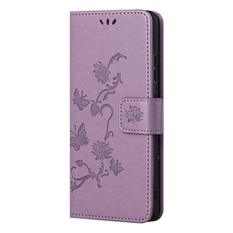 Flip Case voor Samsung Galaxy M52 5G Met Ketting Vlinders En Bloemen Riem