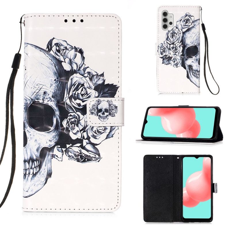 Flip Case Leren Samsung Galaxy A32 5G Donkerblauw Zwart Gebloemde Schedel