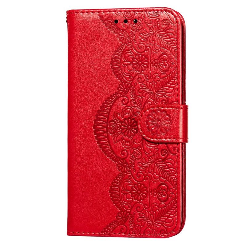 Flip Case Leren Samsung Galaxy A32 5G Lichtblauw Rood Bloemenborduurprint