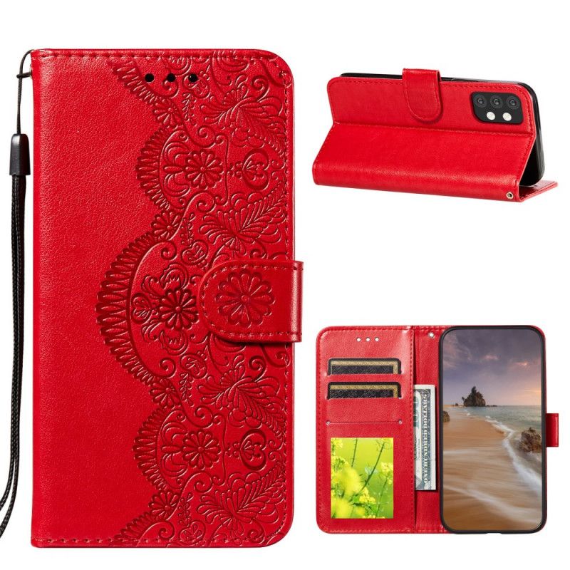 Flip Case Leren Samsung Galaxy A32 5G Lichtblauw Rood Bloemenborduurprint