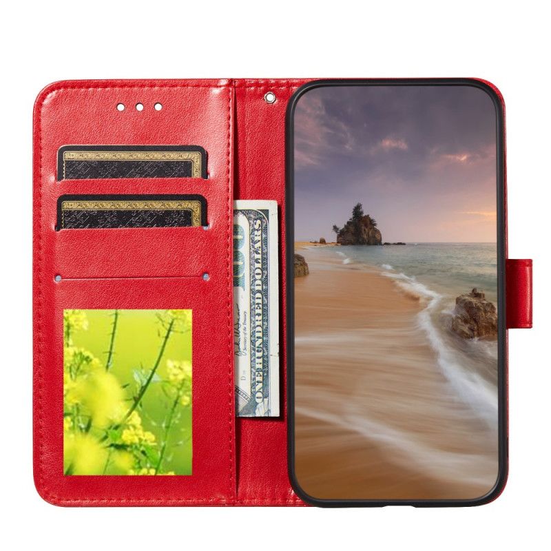 Flip Case Leren Samsung Galaxy A32 5G Lichtblauw Rood Bloemenborduurprint