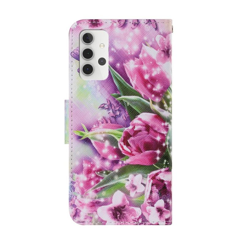 Flip Case Leren Samsung Galaxy A32 5G Vlinders En Tulpen