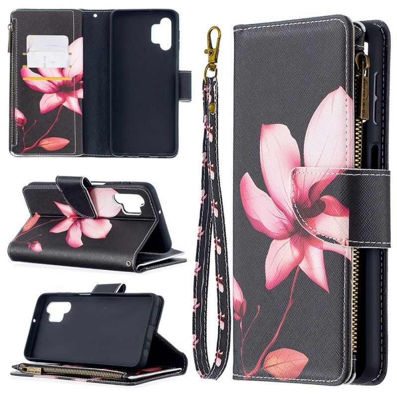 Flip Case Leren Samsung Galaxy A32 5G Wit Zwart Bloemenzak Met Ritssluiting