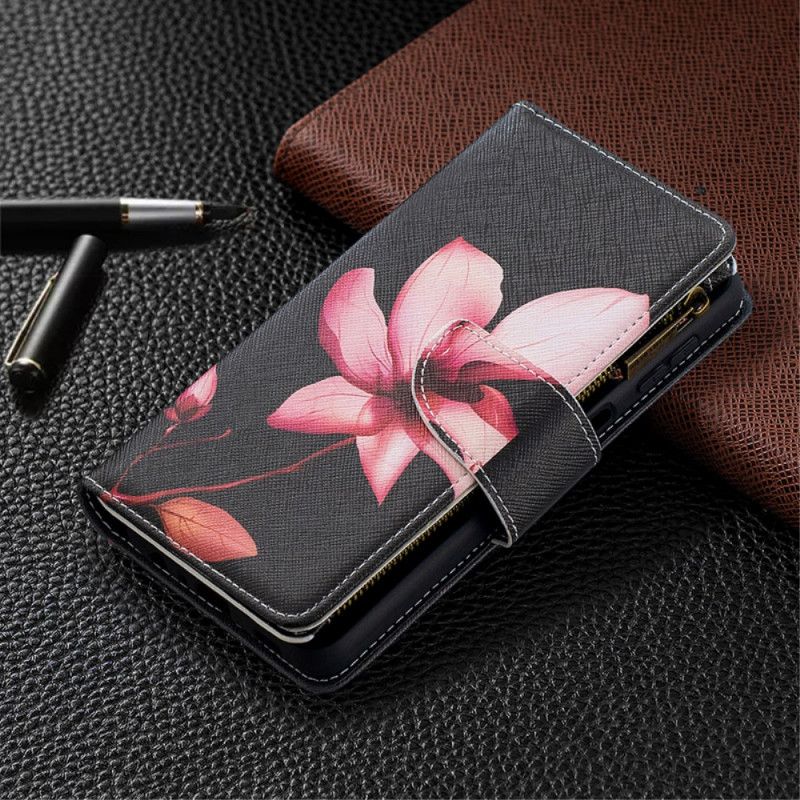 Flip Case Leren Samsung Galaxy A32 5G Wit Zwart Bloemenzak Met Ritssluiting