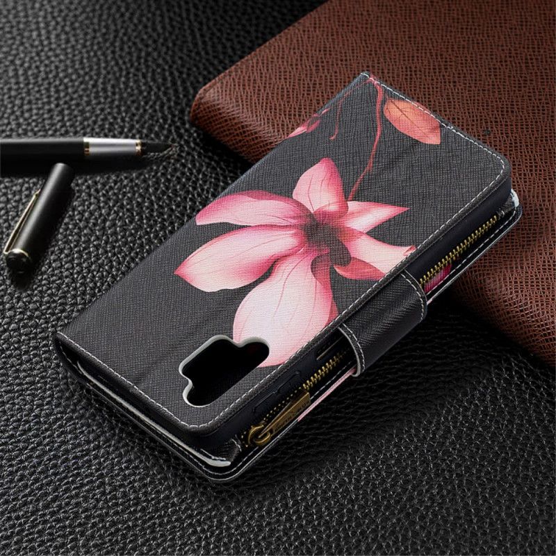 Flip Case Leren Samsung Galaxy A32 5G Wit Zwart Bloemenzak Met Ritssluiting