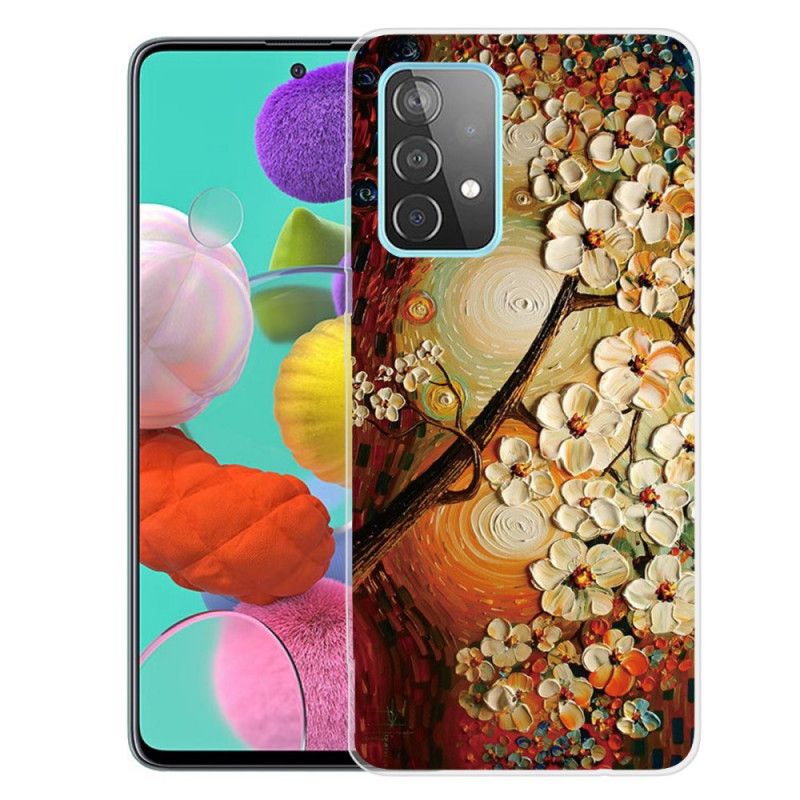 Hoesje voor Samsung Galaxy A32 5G Donkerblauw Oranje Flexibele Bloemen