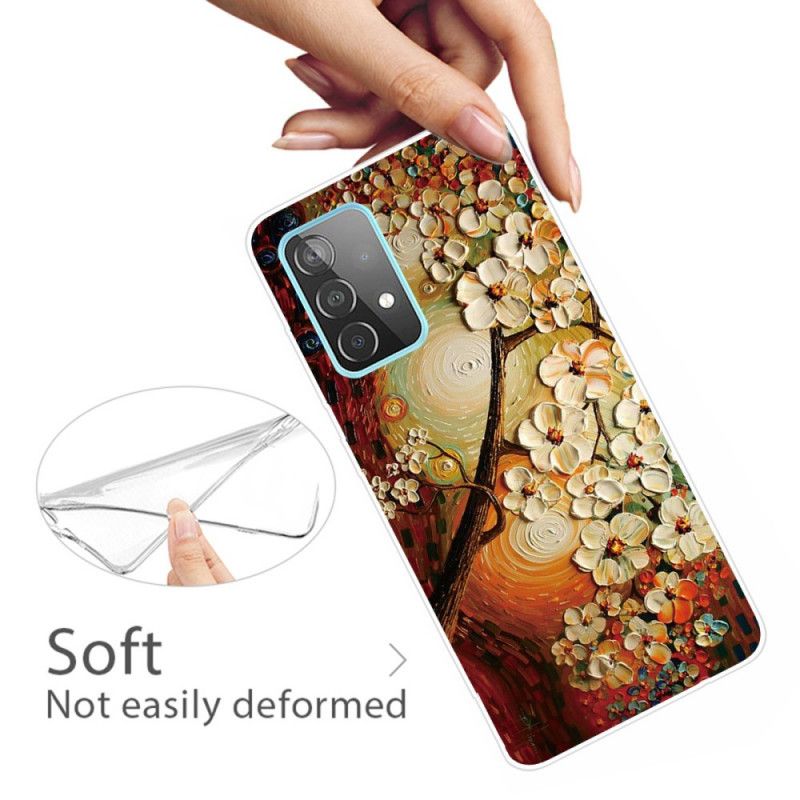 Hoesje voor Samsung Galaxy A32 5G Donkerblauw Oranje Flexibele Bloemen