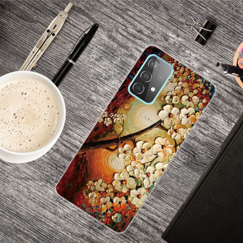 Hoesje voor Samsung Galaxy A32 5G Donkerblauw Oranje Flexibele Bloemen