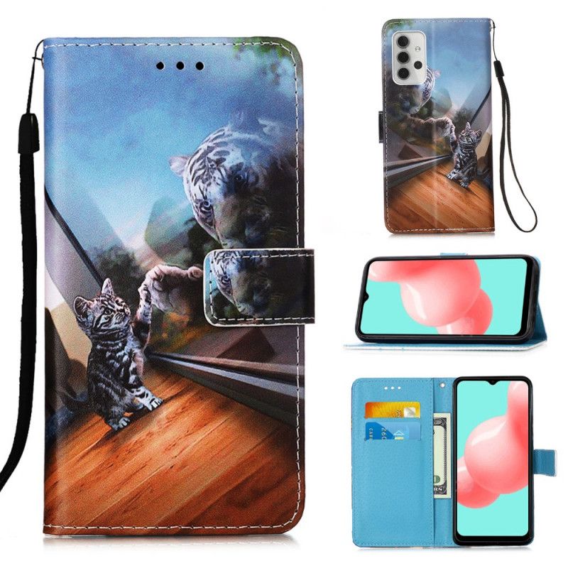 Leren Hoesje Samsung Galaxy A32 5G Lichtblauw Donkerblauw Kitten