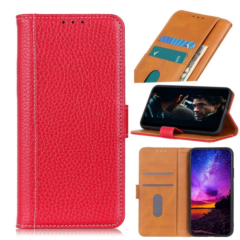 Leren Hoesje Samsung Galaxy A32 5G Rood Zwart Stiksels In Lychee-Leereffect