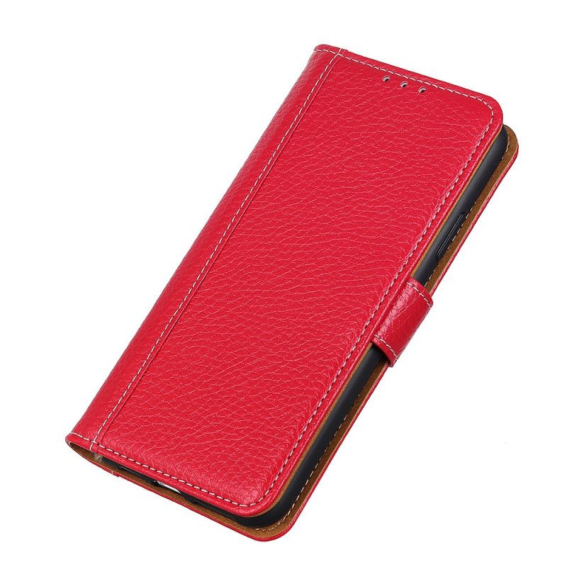 Leren Hoesje Samsung Galaxy A32 5G Rood Zwart Stiksels In Lychee-Leereffect