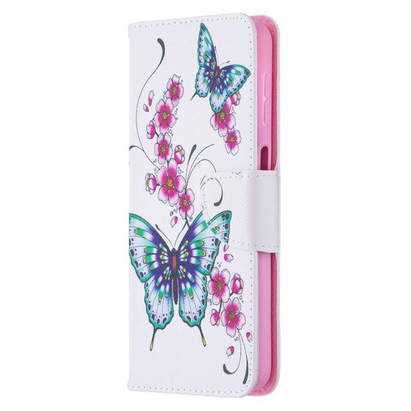 Leren Hoesje voor Samsung Galaxy A32 5G Donkerblauw Magenta Aquarel Vlinders