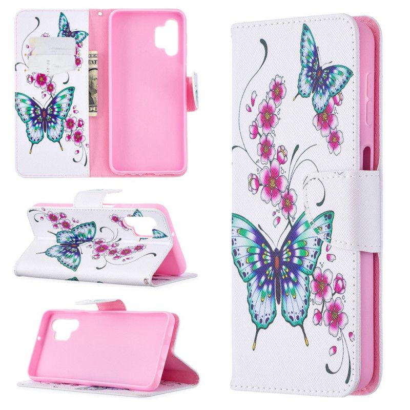 Leren Hoesje voor Samsung Galaxy A32 5G Donkerblauw Magenta Aquarel Vlinders