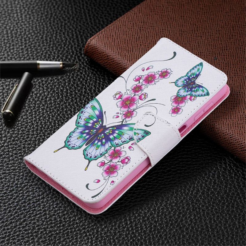 Leren Hoesje voor Samsung Galaxy A32 5G Donkerblauw Magenta Aquarel Vlinders