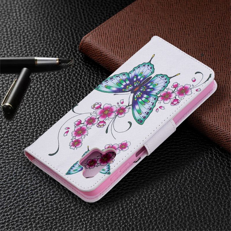 Leren Hoesje voor Samsung Galaxy A32 5G Donkerblauw Magenta Aquarel Vlinders