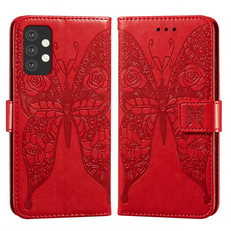 Leren Hoesje voor Samsung Galaxy A32 5G Rood Zwart Vlinders Bloemenpatroon