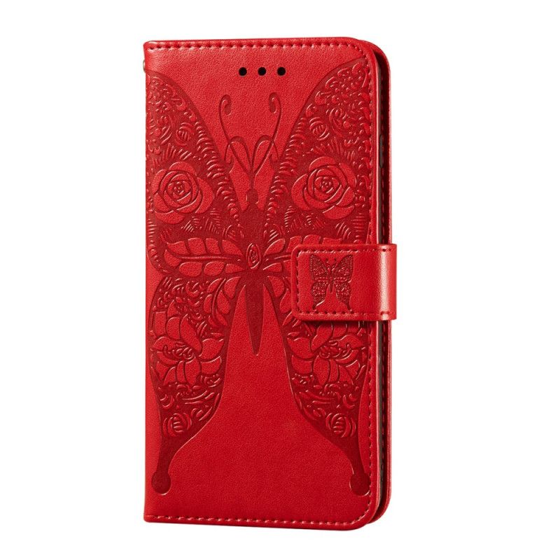 Leren Hoesje voor Samsung Galaxy A32 5G Rood Zwart Vlinders Bloemenpatroon