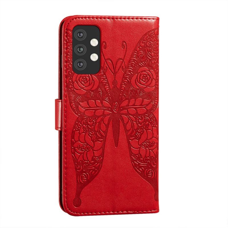 Leren Hoesje voor Samsung Galaxy A32 5G Rood Zwart Vlinders Bloemenpatroon