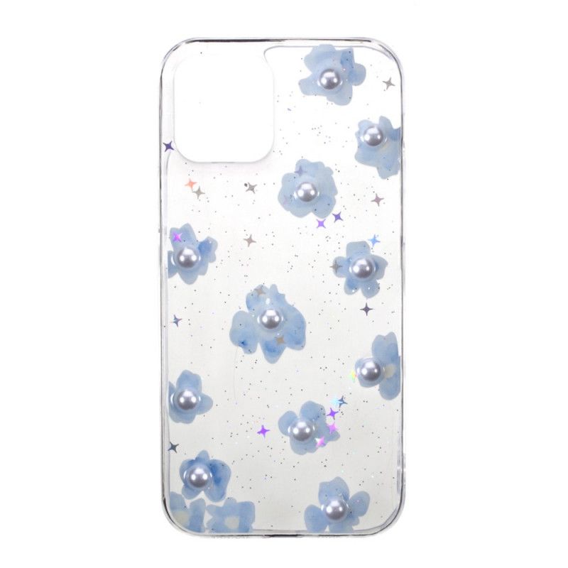 Case Hoesje iPhone 12 / 12 Pro Transparant Lichtblauw Telefoonhoesje Bloemen En Parels