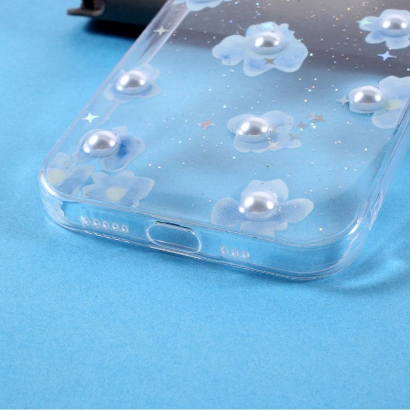 Case Hoesje iPhone 12 / 12 Pro Transparant Lichtblauw Telefoonhoesje Bloemen En Parels