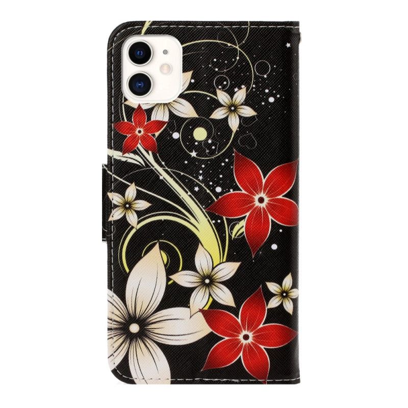 Cover Folio-hoesje iPhone 12 / 12 Pro Grijs Zwart Telefoonhoesje Kleurrijke Bloemen Met Een Riem