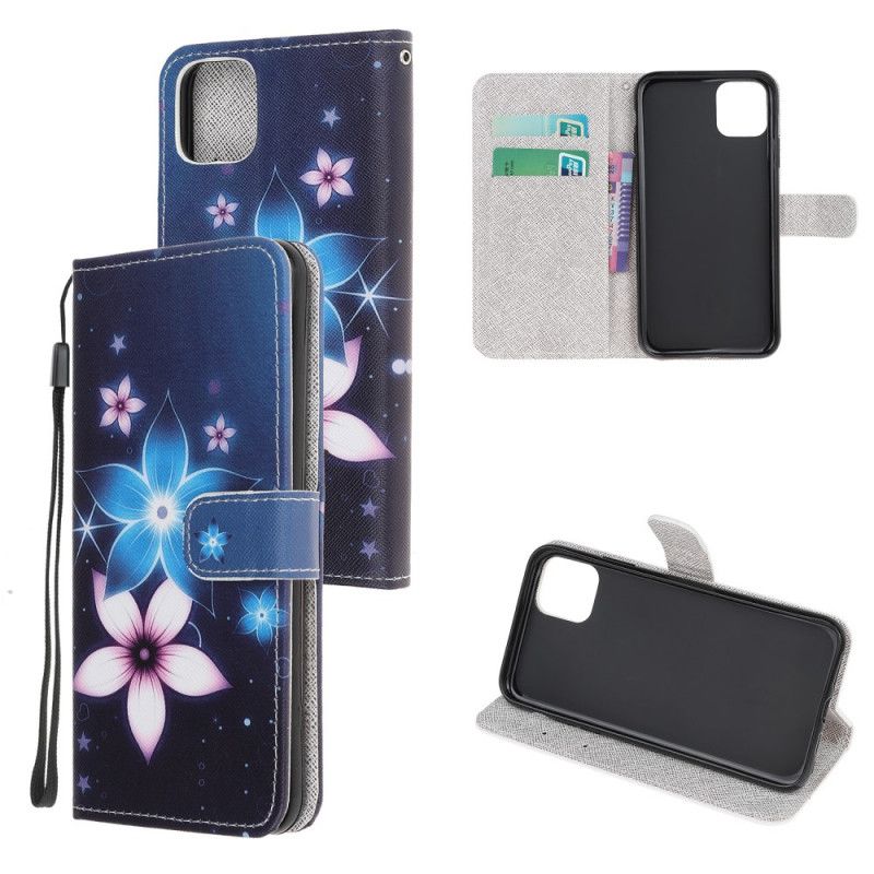 Cover Folio-hoesje iPhone 12 / 12 Pro Telefoonhoesje Maanbloemen Met String