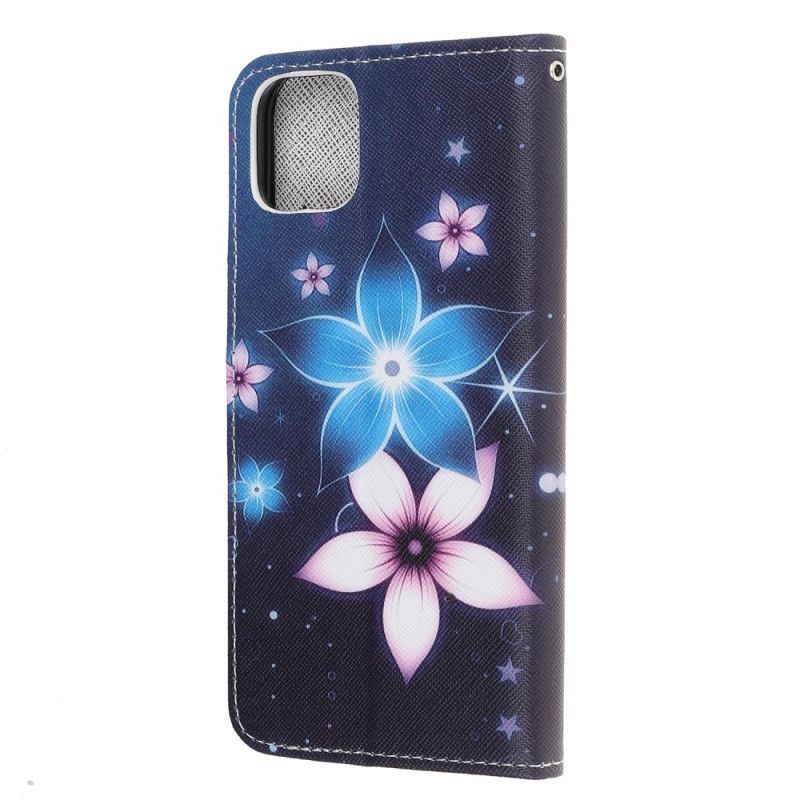 Cover Folio-hoesje iPhone 12 / 12 Pro Telefoonhoesje Maanbloemen Met String