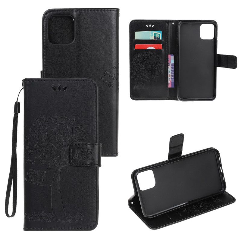 Flip Case Leren iPhone 12 / 12 Pro Grijs Zwart Boom En String Uilen