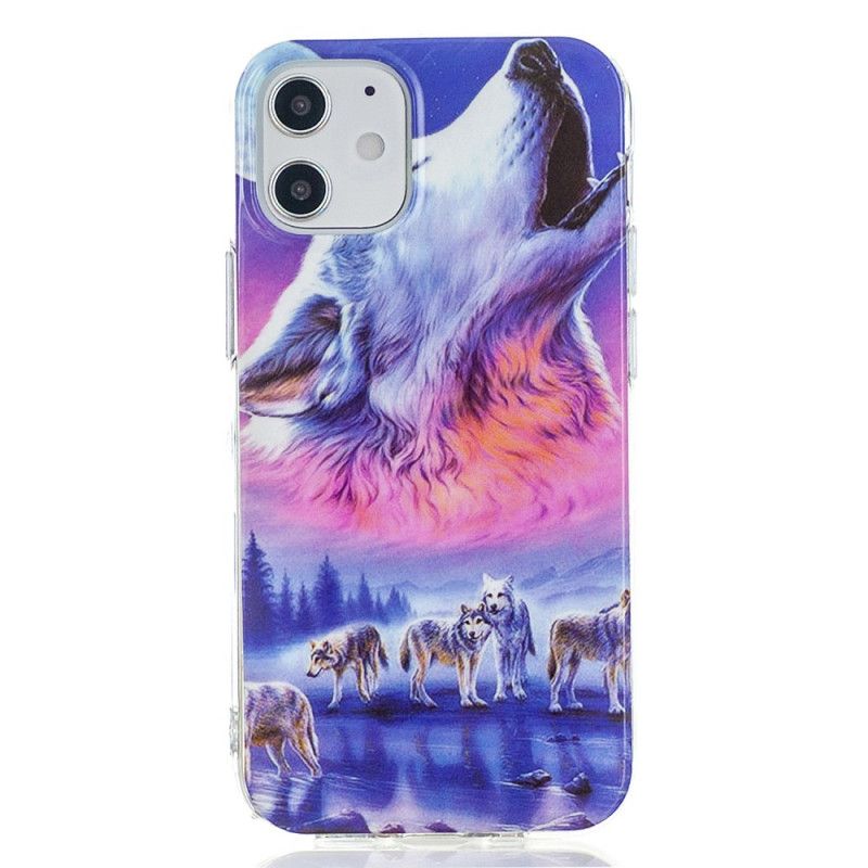 Hoesje iPhone 12 / 12 Pro Donkerblauw Zwart Serie Fluorescerende Wolven