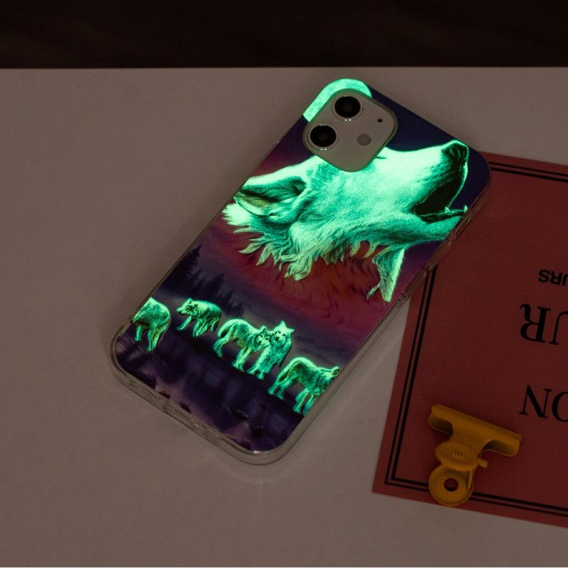 Hoesje iPhone 12 / 12 Pro Donkerblauw Zwart Serie Fluorescerende Wolven