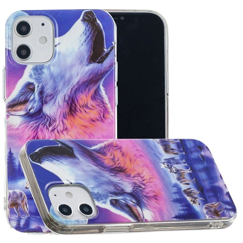 Hoesje iPhone 12 / 12 Pro Donkerblauw Zwart Serie Fluorescerende Wolven