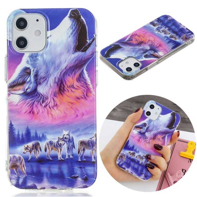 Hoesje iPhone 12 / 12 Pro Donkerblauw Zwart Serie Fluorescerende Wolven